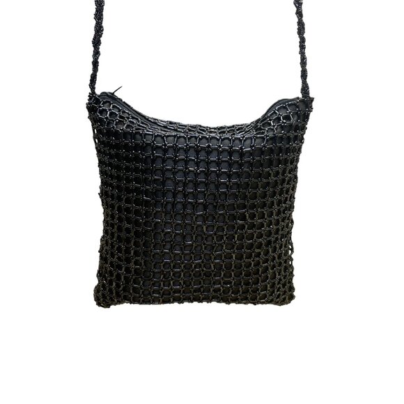 Handmade Women’s Black Beaded Squared Woven Pattern Long Strap Crossbody Bag - Picture 1 of 11